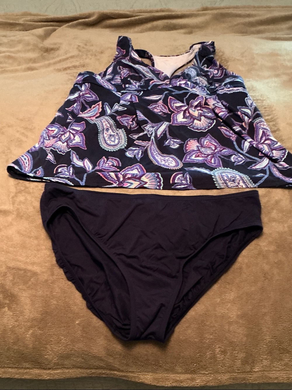 Lands' End Navy Tankini Set with Purple Paisley Print